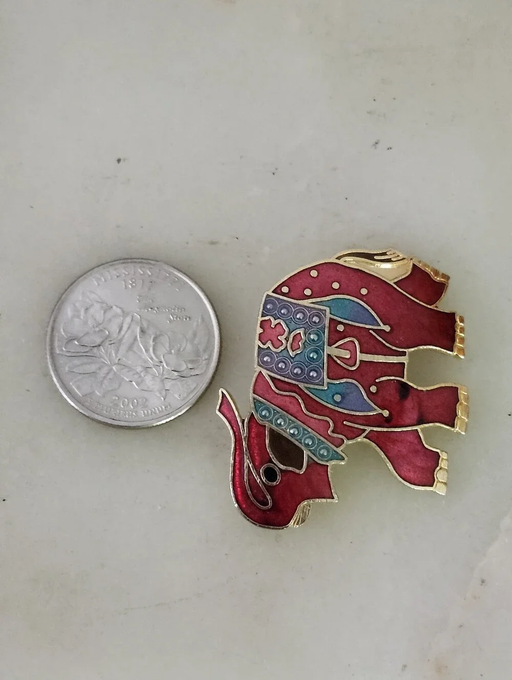Red Enamel Elephant Brooch with Blue Accents